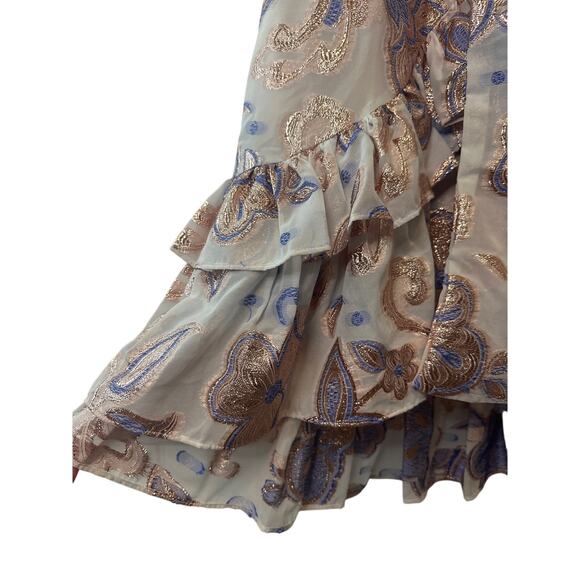 Alexis NWT Abessa Metallic Paisley Wrap Ruffle Midi Dress Size Small Blue Gold - Picture 11 of 12